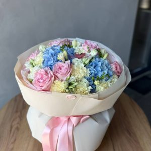 Букет MIX із троянд, гортензії та еустоми