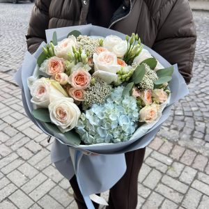 Букет MIX із троянд, гортензії та еустоми